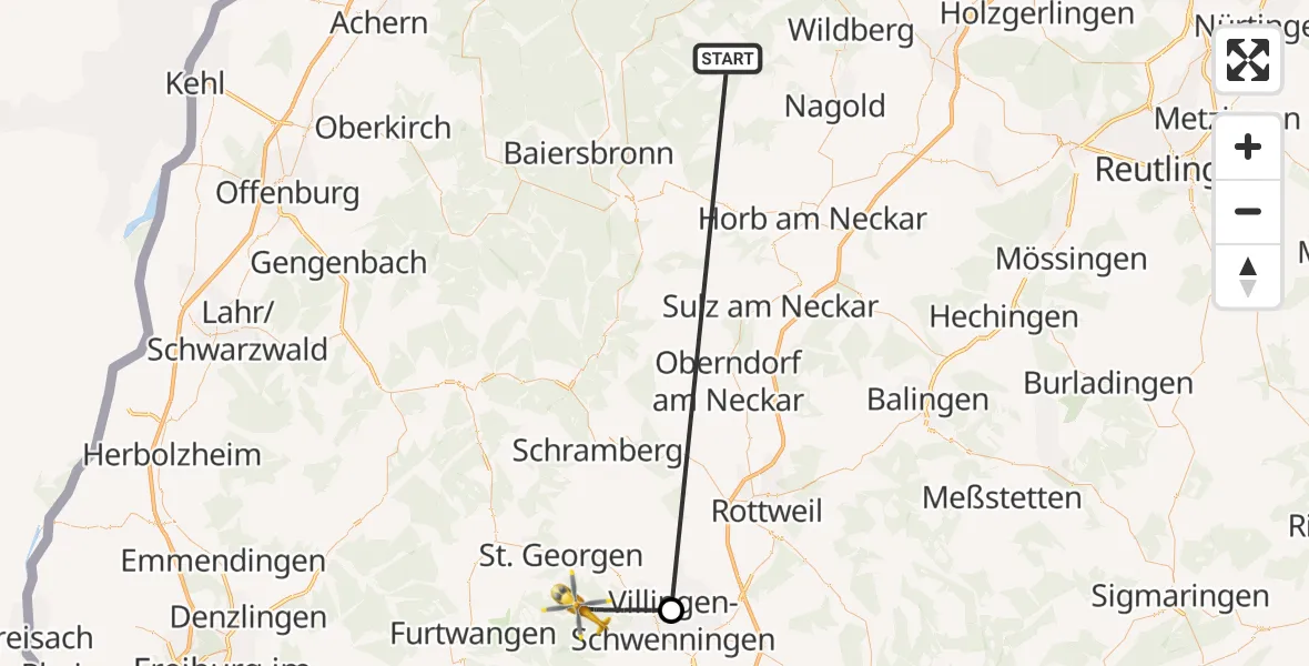 Flugroute Ambulanzhubschrauber Altensteig - Unterkirnach, 14 September 2026, 06:18