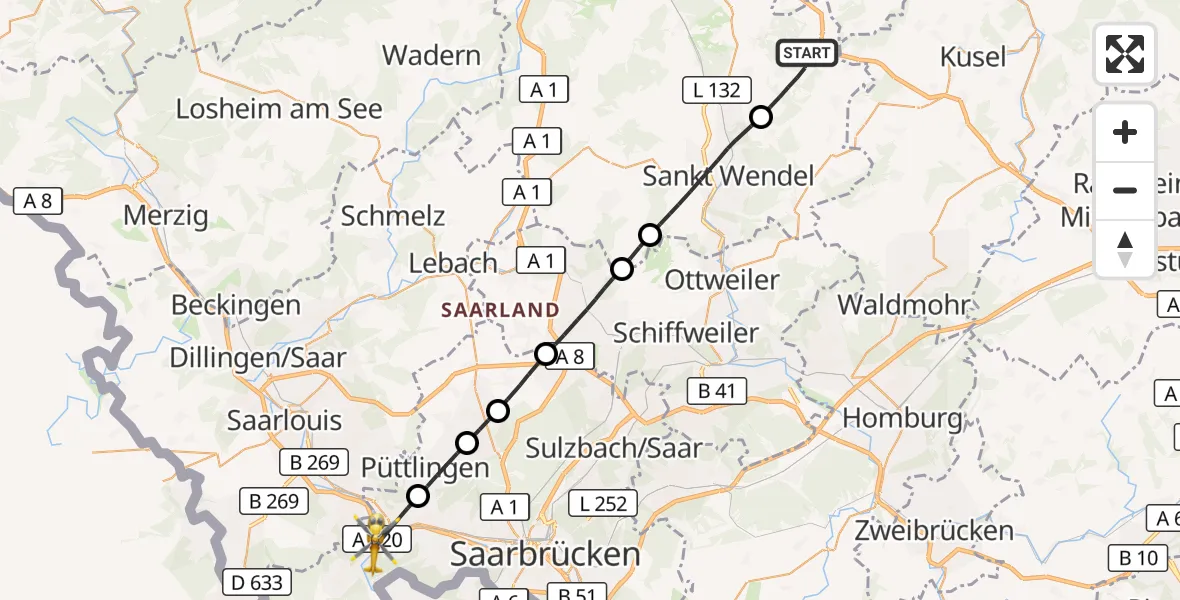 Flugroute Rettungshubschrauber Freisen - Völklingen, 14 September 2026, 06:22