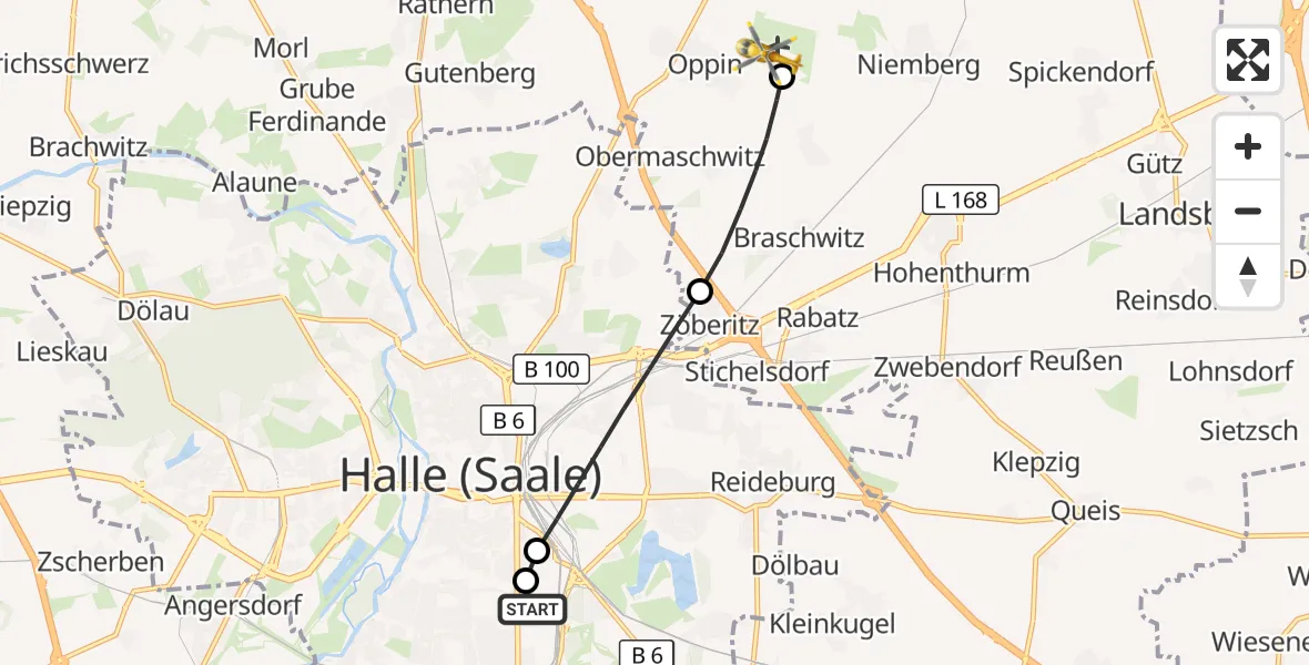 Flugroute Rettungshubschrauber BG Hospital Bergmannstrost Halle - Halle-Oppin Flugplatz, 14 September 2026, 06:32