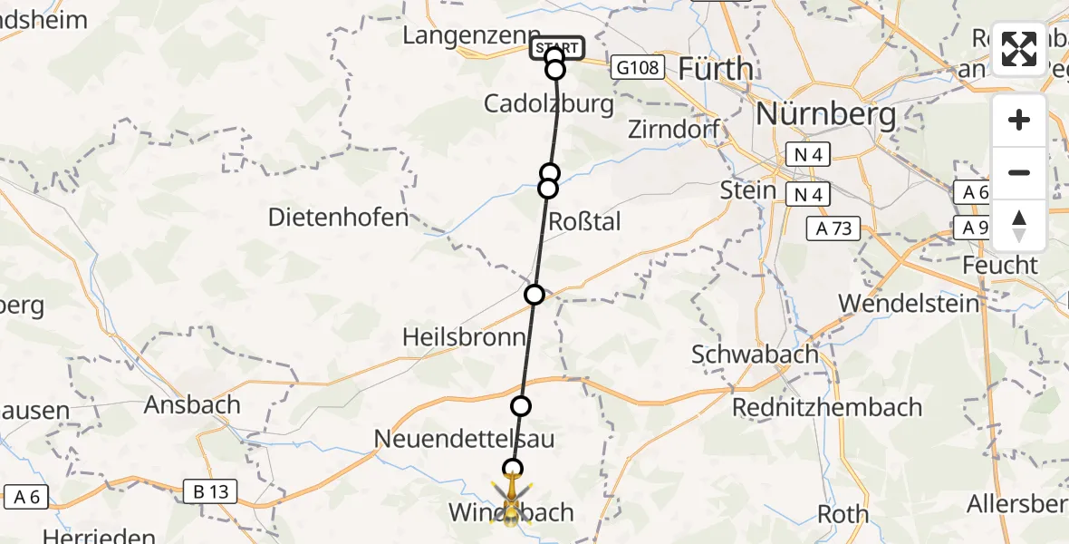 Flugroute Ambulanzhubschrauber Seukendorf - Windsbach, 14 September 2026, 06:33