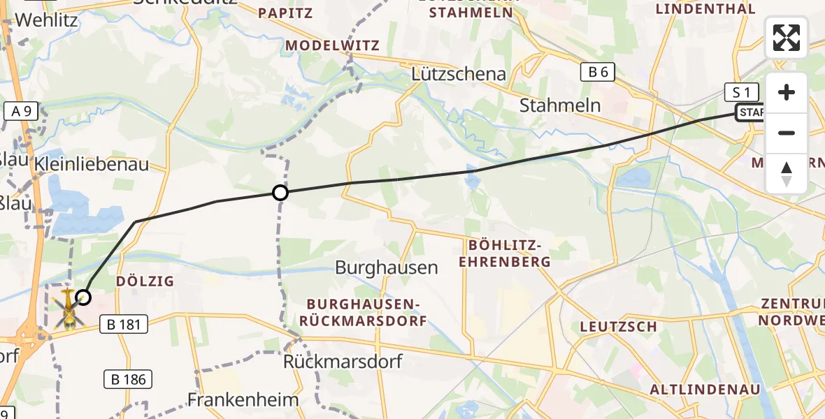 Flugroute Rettungshubschrauber Leipzig - ADAC Air Rescue Station Leipzig/Schkeuditz-Dölzig Hubschrauberlandeplatz (Christoph 61), 14 September 2026, 06:34