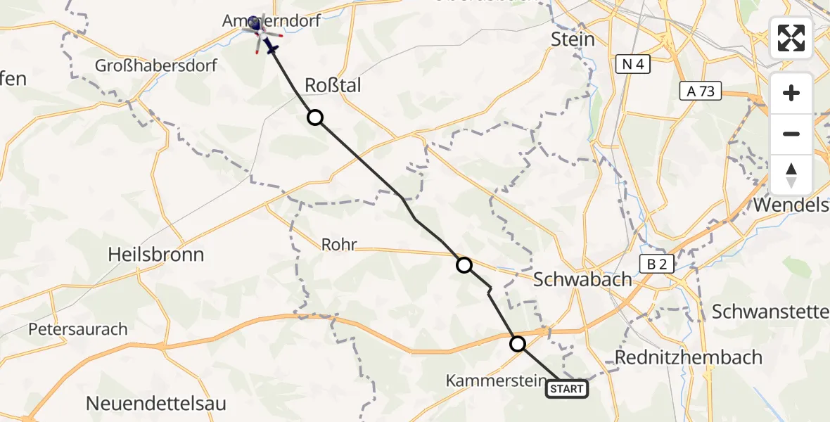 Flugroute Polizeihubschrauber Büchenbach - Roßtal, 14 September 2026, 06:36