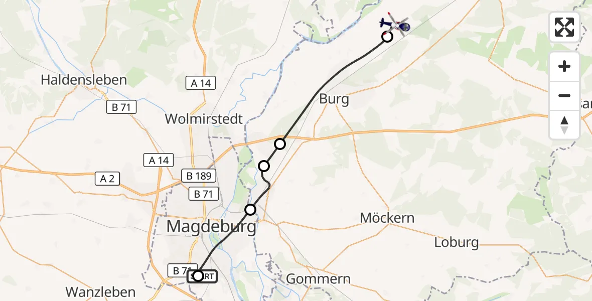 Flugroute Polizeihubschrauber Magdeburg City Flugplatz - Elbe-Parey, 14 September 2026, 06:43