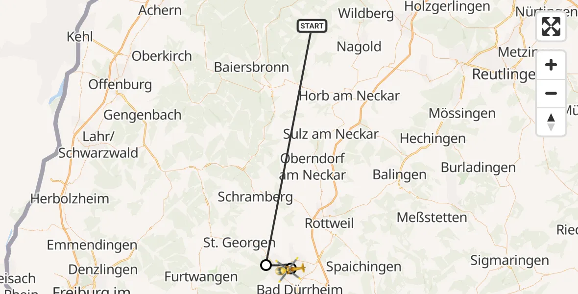 Flugroute Ambulanzhubschrauber Altensteig - DRF Air Rescue Station Villingen-Schwenningen Hubschrauberlandeplatz (Christoph 11), 14 September 2026, 06:50