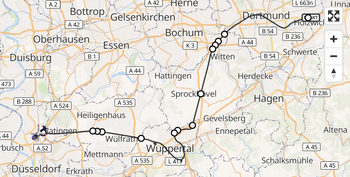 Flugroute Polizeihubschrauber Dortmund Flughafen - Düsseldorf Flughafen, 14 September 2026, 06:51