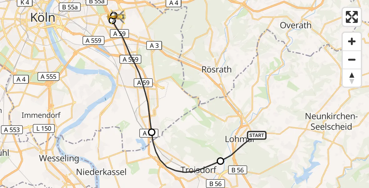 Flugroute Rettungshubschrauber Lohmar - Merheim Hospital, 14 September 2026, 06:51