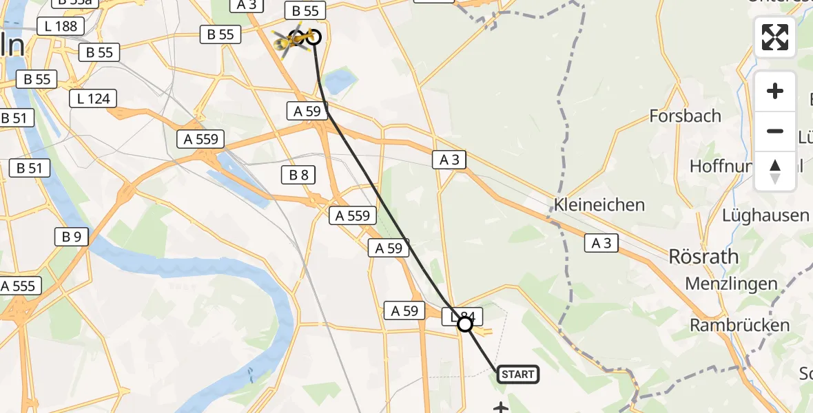 Flugroute Ambulanzhubschrauber Köln Bonn Flughafen - Merheim Hospital, 14 September 2026, 06:59