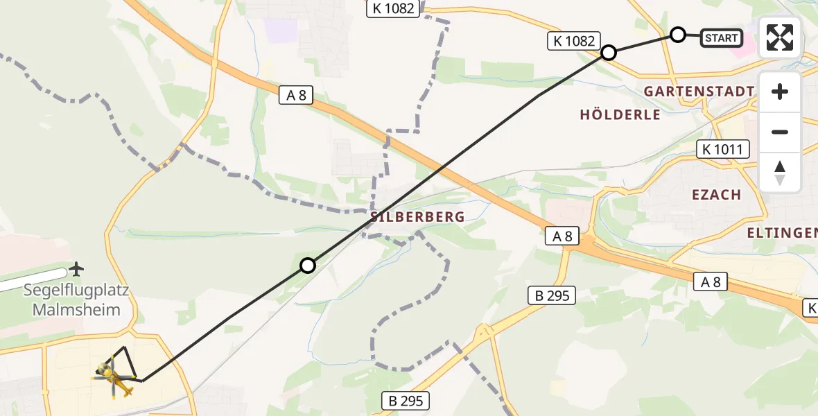 Flugroute Rettungshubschrauber Leonberg Hospital - Renningen, 14 September 2026, 07:02