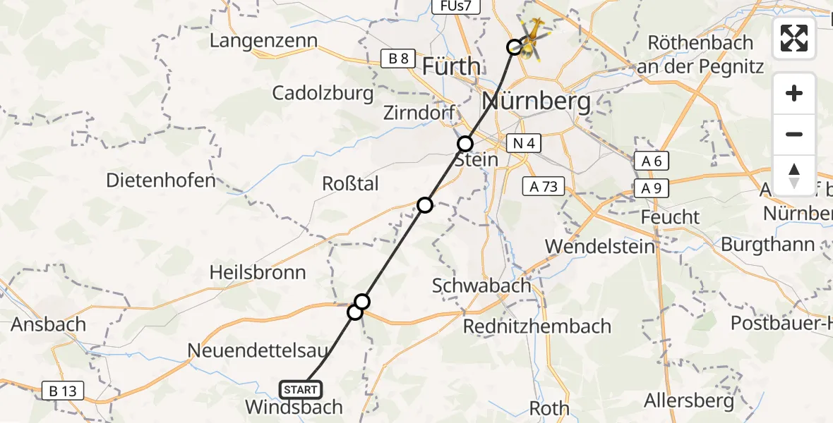 Flugroute Ambulanzhubschrauber Windsbach - Flughafen Nuremberg, 14 September 2026, 07:03