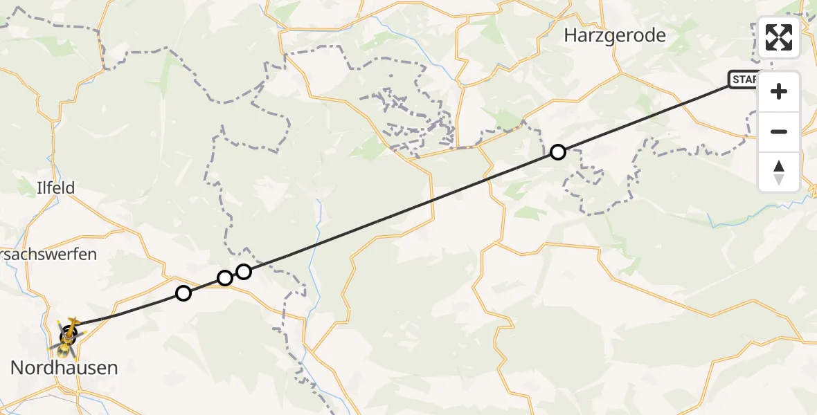Flugroute Rettungshubschrauber Harzgerode - Südharz Hospital Nordhausen, 14 September 2026, 07:03