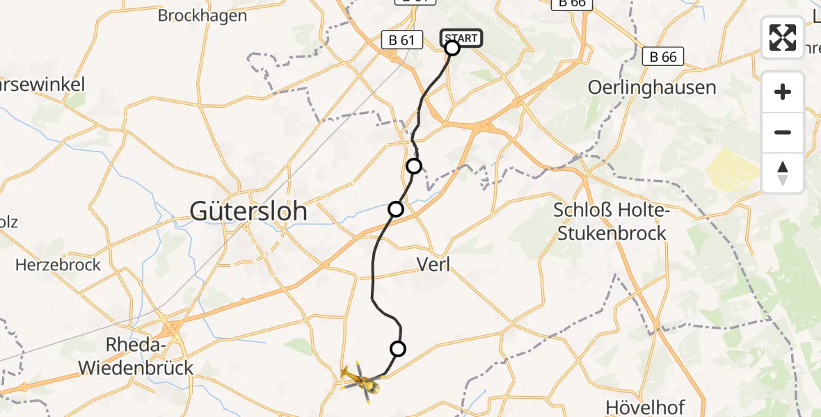 Flugroute Rettungshubschrauber Luftrettungszentrum Bielefeld - Rietberg, 14 September 2026, 07:10