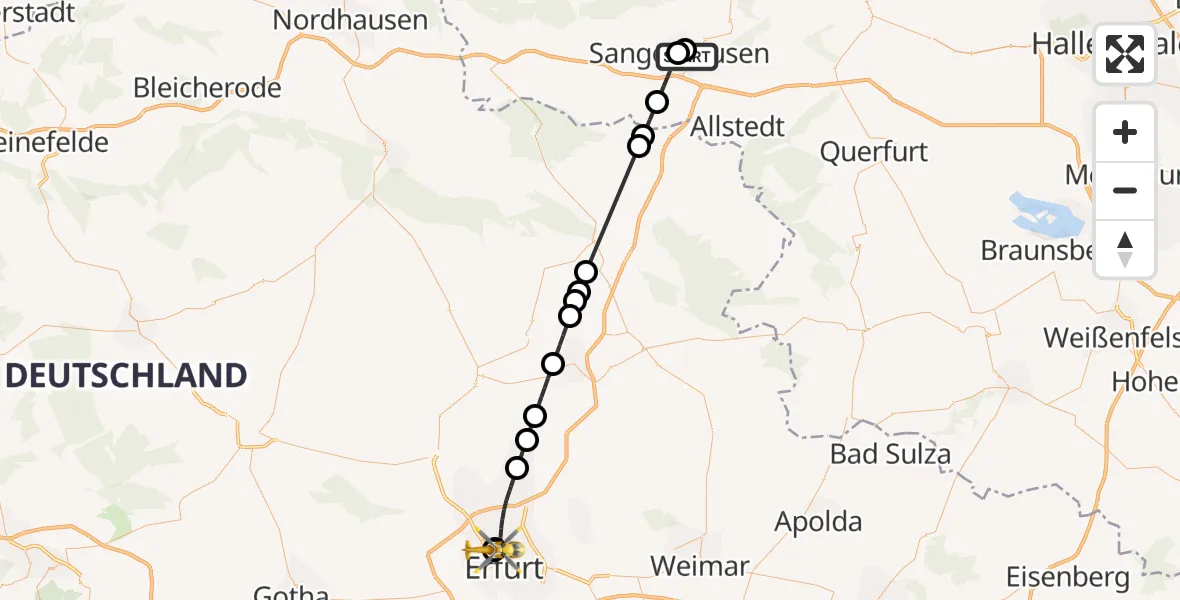 Flugroute Rettungshubschrauber Helios Clinic Mansfeld-Südharz - Helios Clinic Erfurt, 14 September 2026, 07:11
