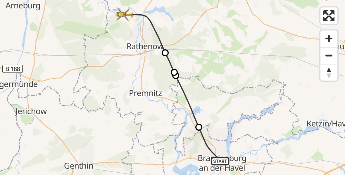 Flugroute Rettungshubschrauber Brandenburg an der Havel - Rathenow, 14 September 2026, 07:23