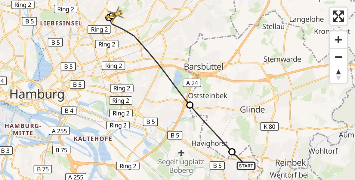 Flugroute Rettungshubschrauber Hamburg - Hamburg Military Hospital, 14 September 2026, 07:26