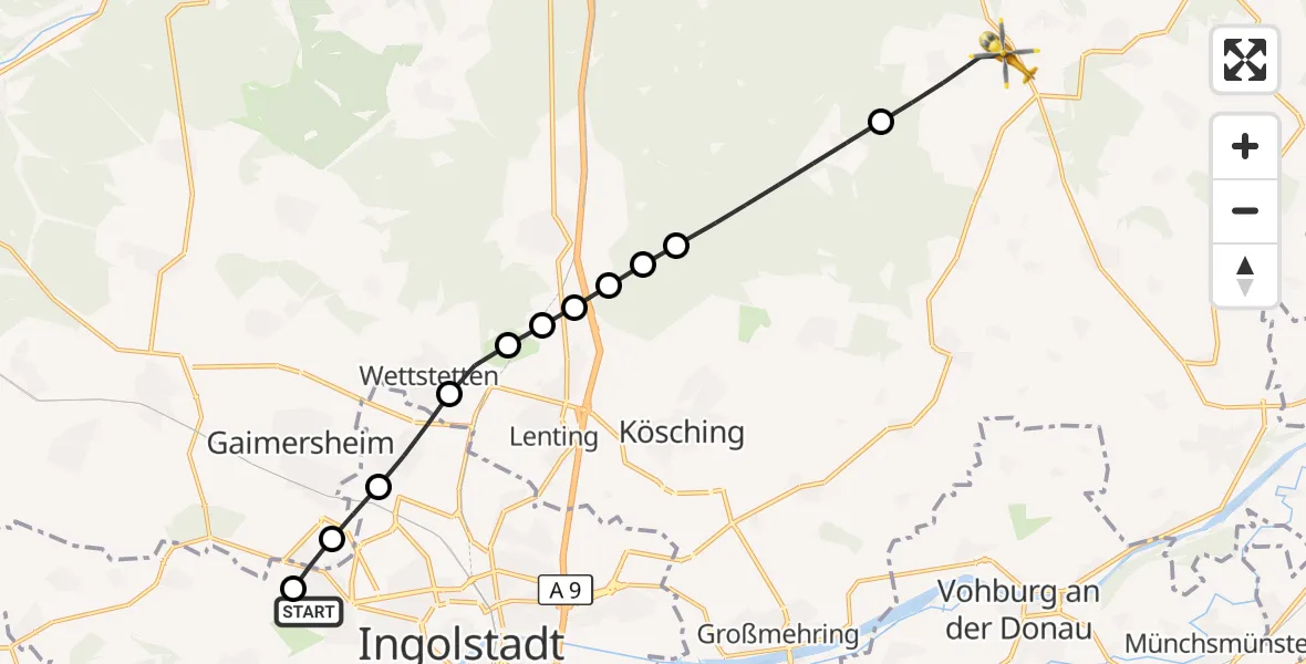 Flugroute Rettungshubschrauber Ingolstadt Hospital - Altmannstein, 14 September 2026, 07:34