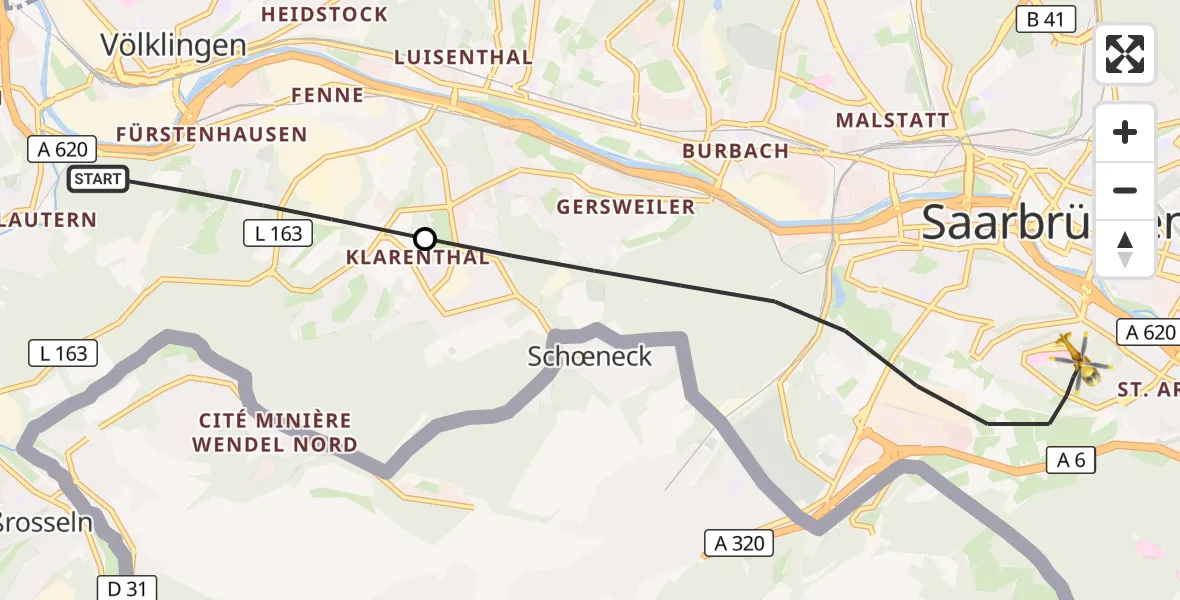 Flugroute Rettungshubschrauber Völklingen - Saarbrücken, 14 September 2026, 07:36