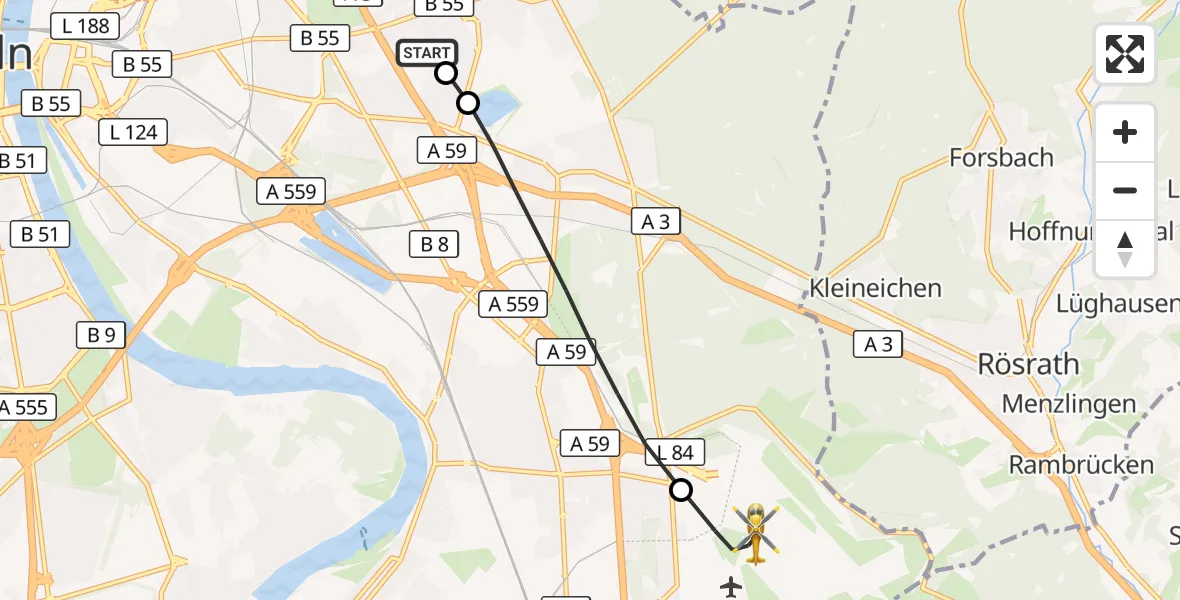 Flugroute Rettungshubschrauber Merheim Hospital - Köln Bonn Flughafen, 14 September 2026, 07:37