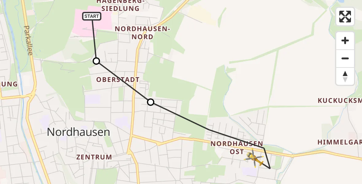 Flugroute Rettungshubschrauber Südharz Hospital Nordhausen - Nordhausen, 14 September 2026, 07:40