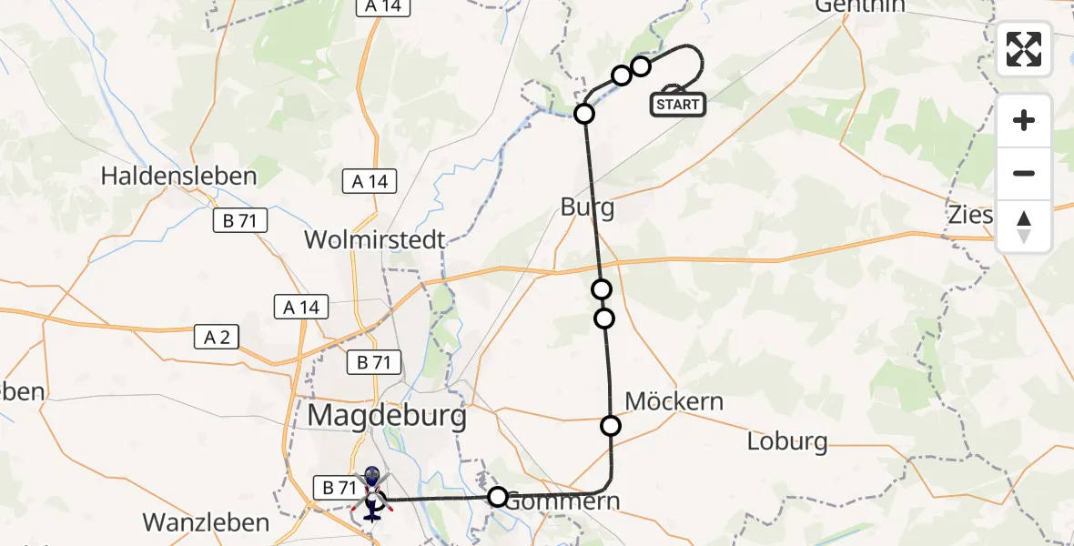 Flugroute Polizeihubschrauber Elbe-Parey - Magdeburg City Flugplatz, 14 September 2026, 07:49