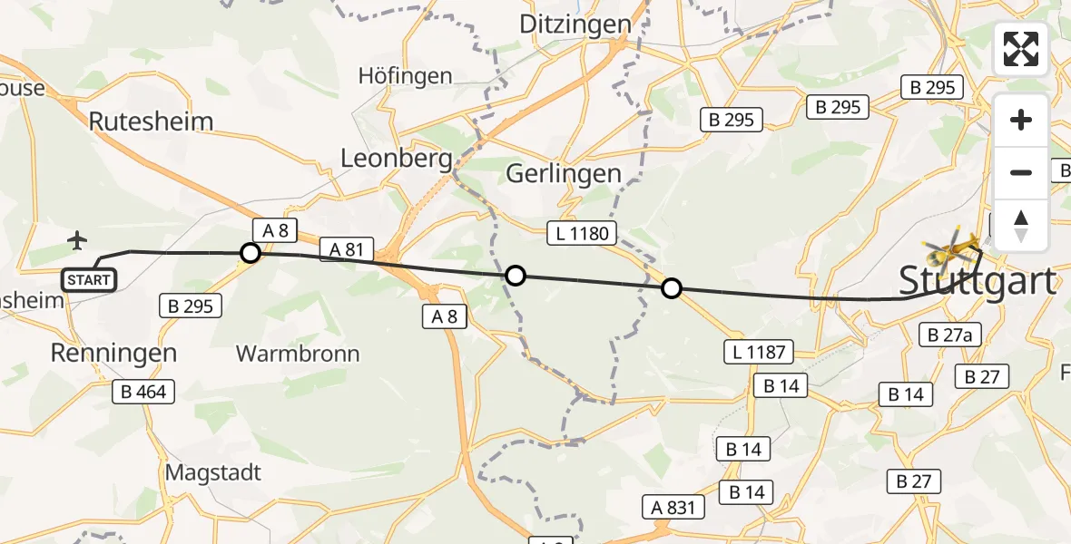 Flugroute Rettungshubschrauber Renningen - Stuttgart, 14 September 2026, 07:50