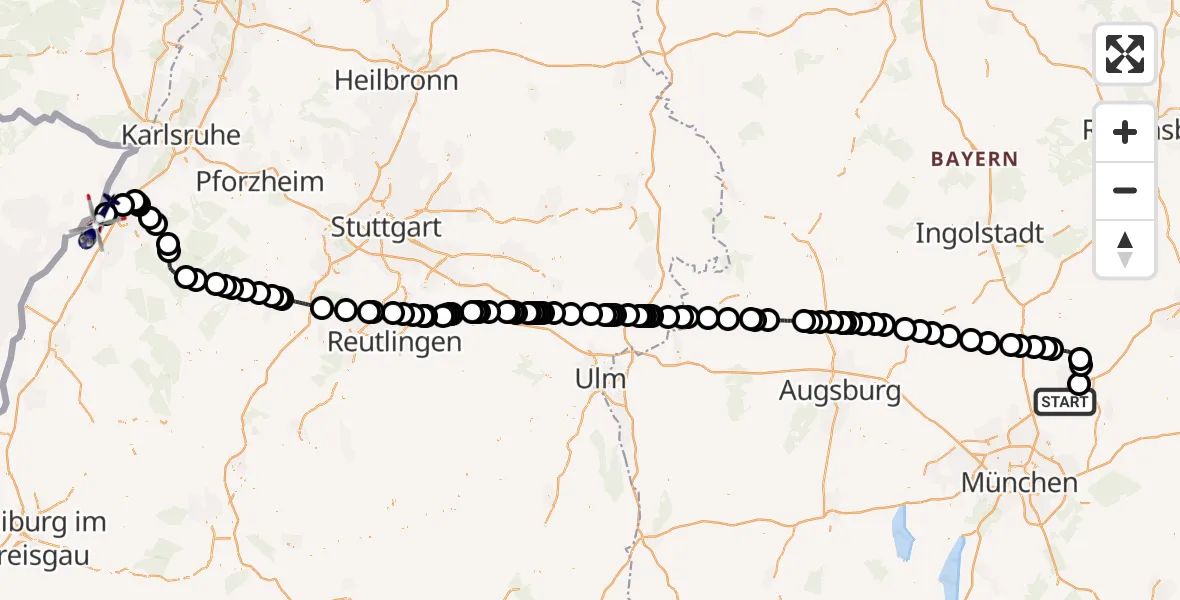Flugroute Polizeihubschrauber München Flughafen - Hügelsheim, 14 September 2026, 08:05