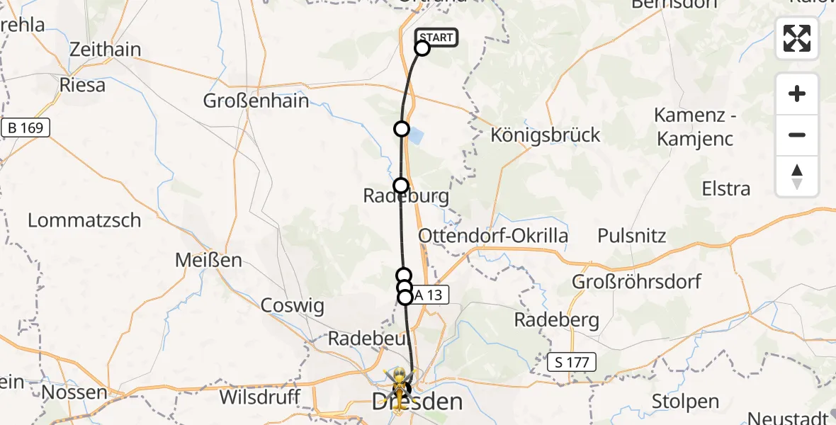 Flugroute Rettungshubschrauber Thiendorf - Dresden Friedrichstadt Hospital, 14 September 2026, 08:11