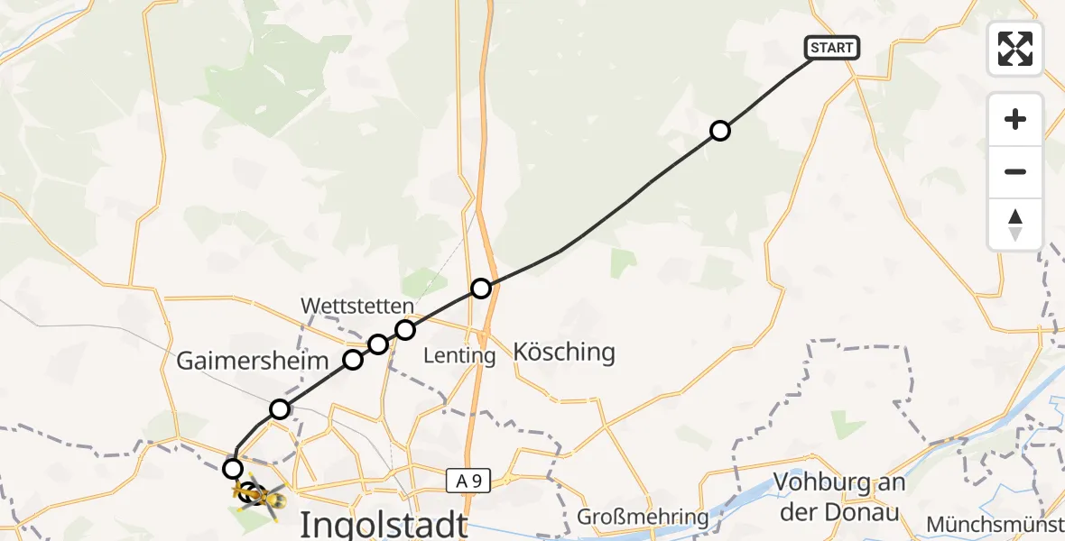 Flugroute Rettungshubschrauber Altmannstein - Ingolstadt Hospital, 14 September 2026, 08:15