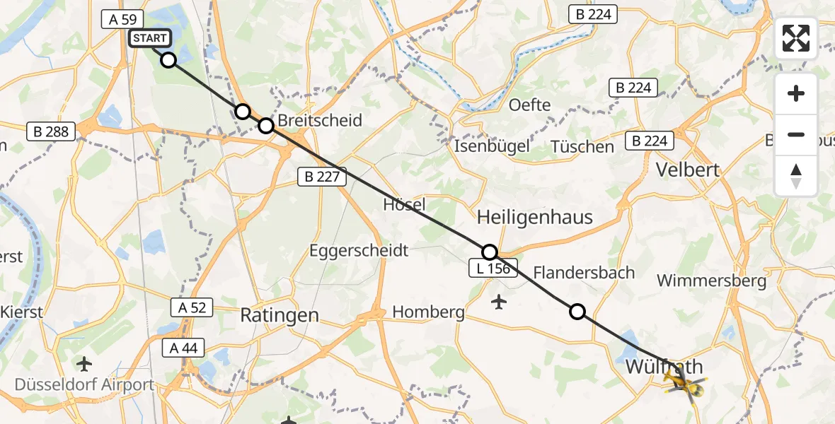 Flugroute Rettungshubschrauber Duisburg Air Rescue Hubschrauberlandeplatz (Christoph 9) - Wülfrath, 14 September 2026, 08:19