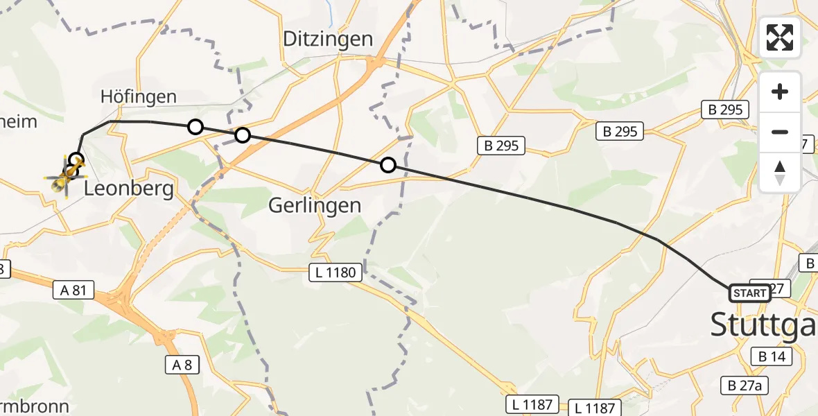 Flugroute Rettungshubschrauber Stuttgart - Leonberg Hospital, 14 September 2026, 08:22