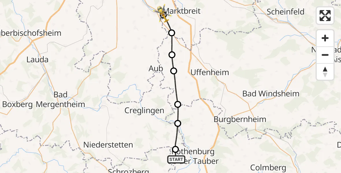 Flugroute Rettungshubschrauber Rothenburg ob der Tauber - Ochsenfurt Hospital, 14 September 2026, 08:33