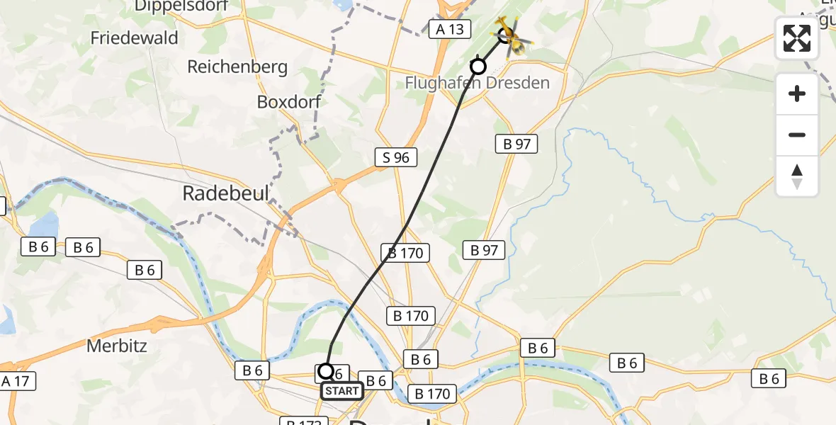 Flugroute Rettungshubschrauber Dresden Friedrichstadt Hospital - Dresden Bundespolizei Hubschrauberlandeplatz, 14 September 2026, 08:54