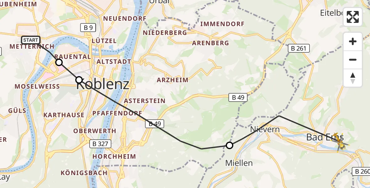 Flugroute Rettungshubschrauber Koblenz - Bad Ems, 14 September 2026, 08:56