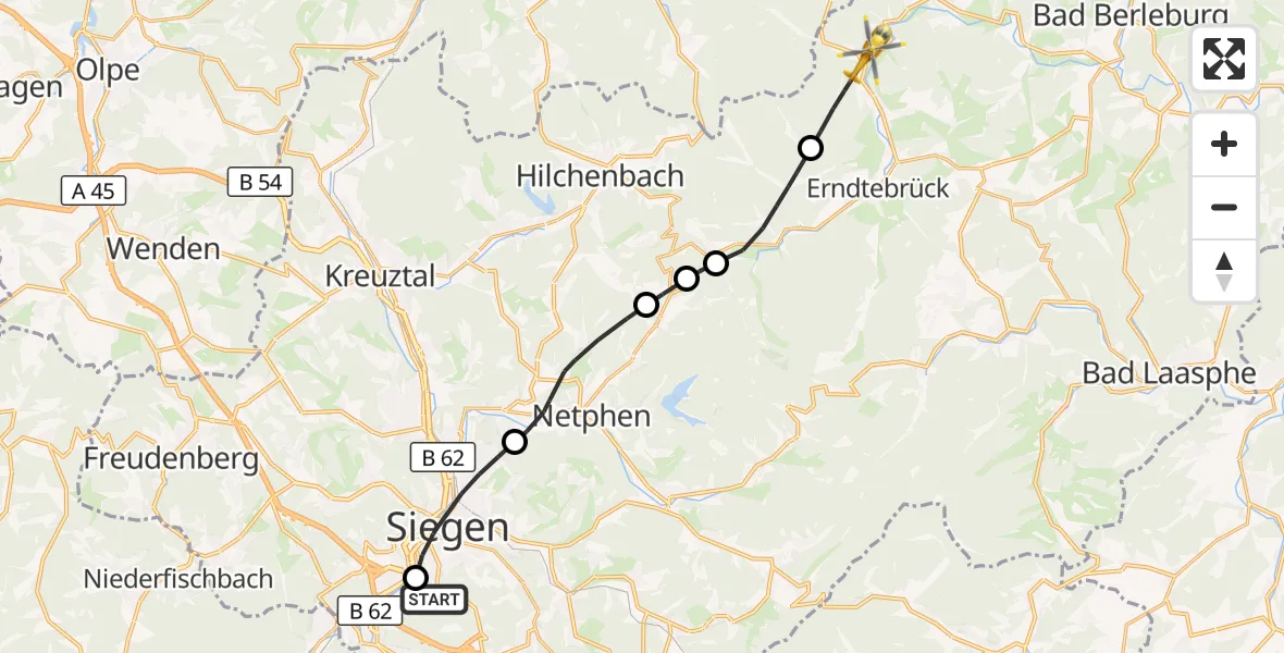 Flugroute Rettungshubschrauber Evangelisches Jung-Stilling Hospital - Erndtebrück, 14 September 2026, 08:59