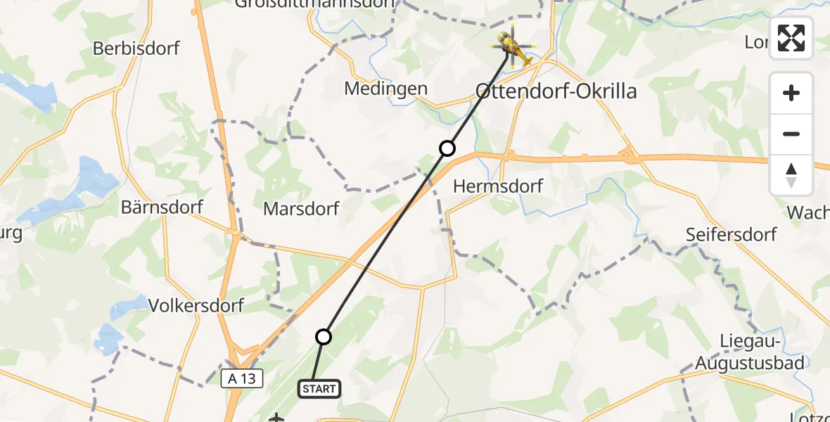 Flugroute Rettungshubschrauber Dresden Bundespolizei Hubschrauberlandeplatz - Ottendorf-Okrilla, 14 September 2026, 09:02