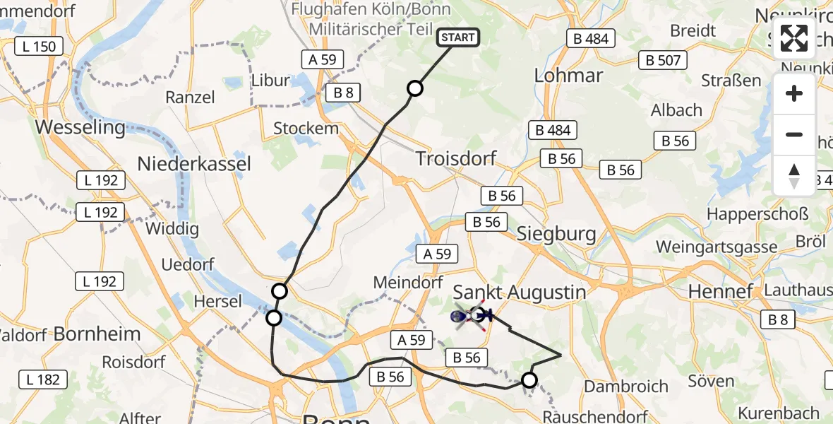 Flugroute Polizeihubschrauber Köln Bonn Flughafen - Bonn-Hangelar Flugplatz, 14 September 2026, 09:25