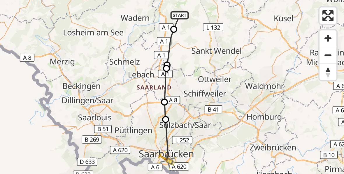 Flugroute Rettungshubschrauber Nohfelden - Saarbrücken, 14 September 2026, 09:33