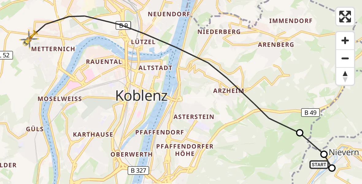 Flugroute Rettungshubschrauber Fachbach - Koblenz, 14 September 2026, 09:35