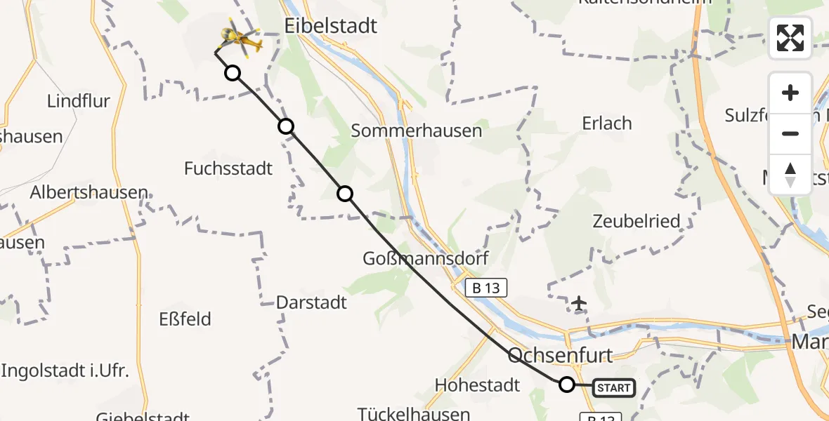 Flugroute Rettungshubschrauber Ochsenfurt Hospital - Würzburg, 14 September 2026, 09:49