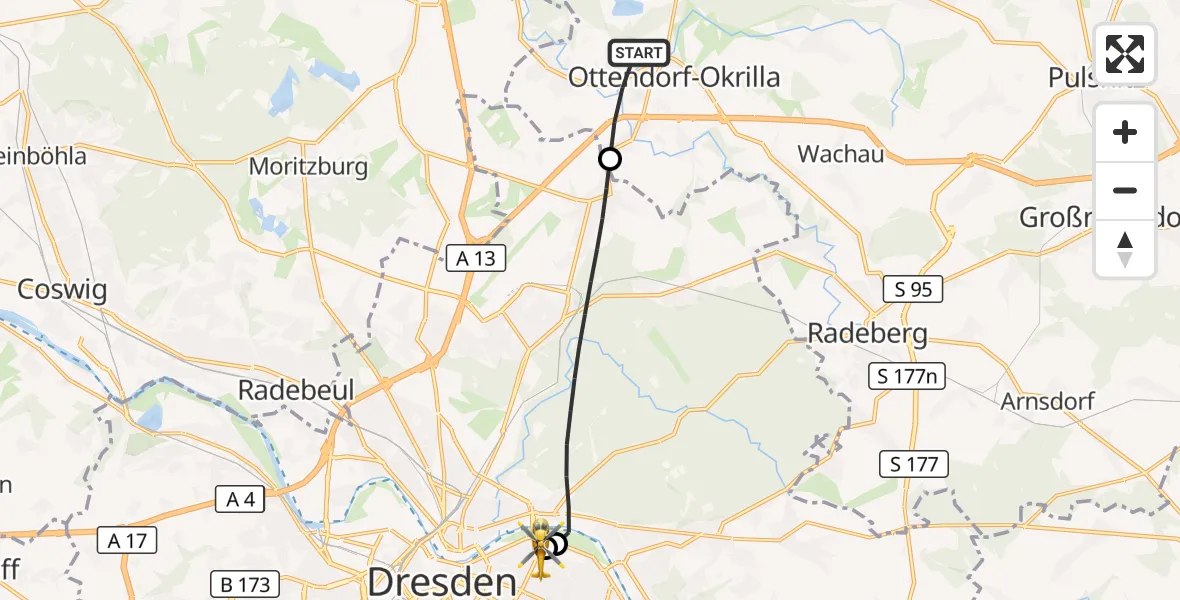 Flugroute Rettungshubschrauber Ottendorf-Okrilla - Dresden University Hospital, 14 September 2026, 09:50