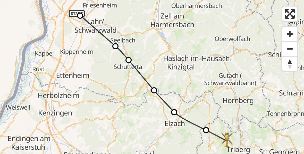 Flugroute Rettungshubschrauber Lahr Flughafen - Schonach im Schwarzwald, 14 September 2026, 10:03