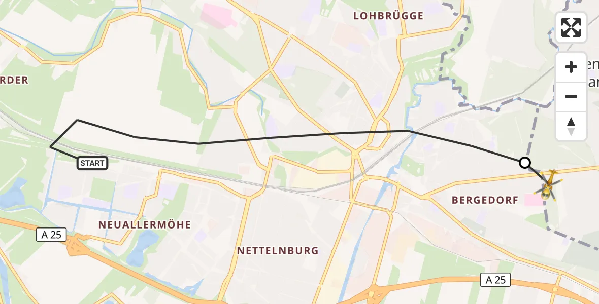 Flugroute Rettungshubschrauber Hamburg - Bethesda Krankenhaus Hubschrauberlandeplatz, 14 September 2026, 10:05