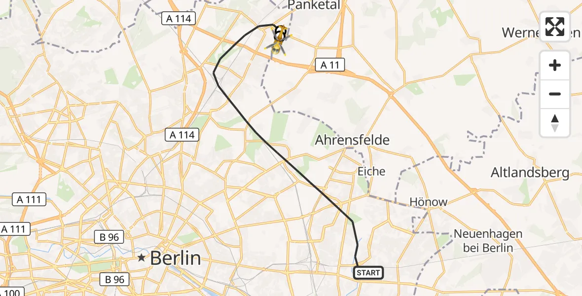 Flugroute Rettungshubschrauber Berlin - Helios Clinic Berlin-Buch, 14 September 2026, 10:09
