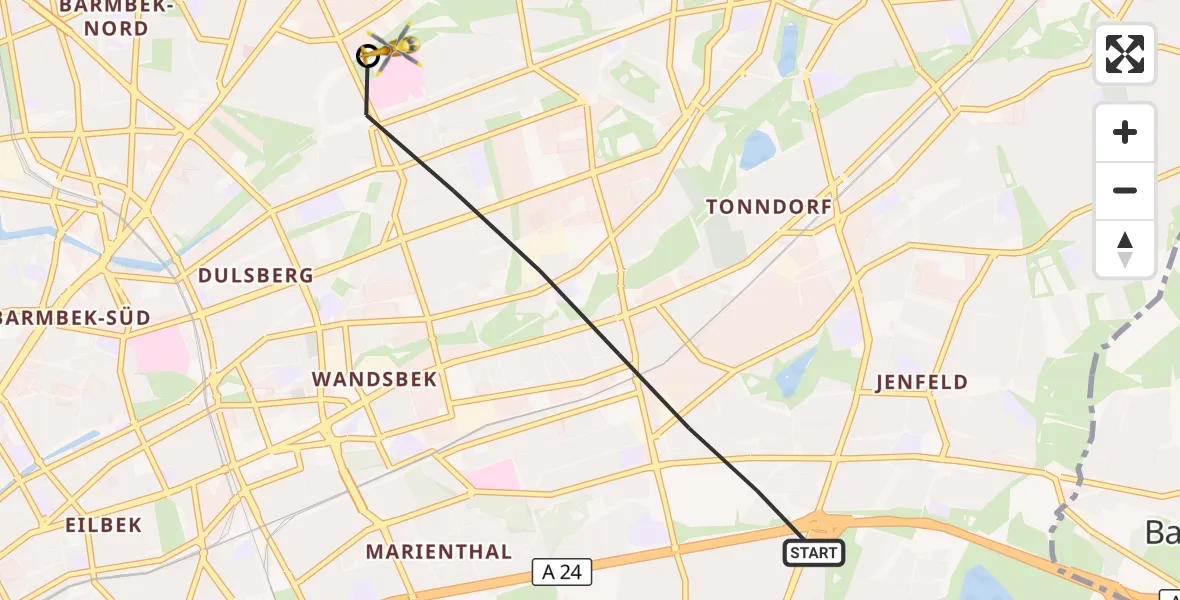 Flugroute Rettungshubschrauber Hamburg - Hamburg Military Hospital, 14 September 2026, 10:19