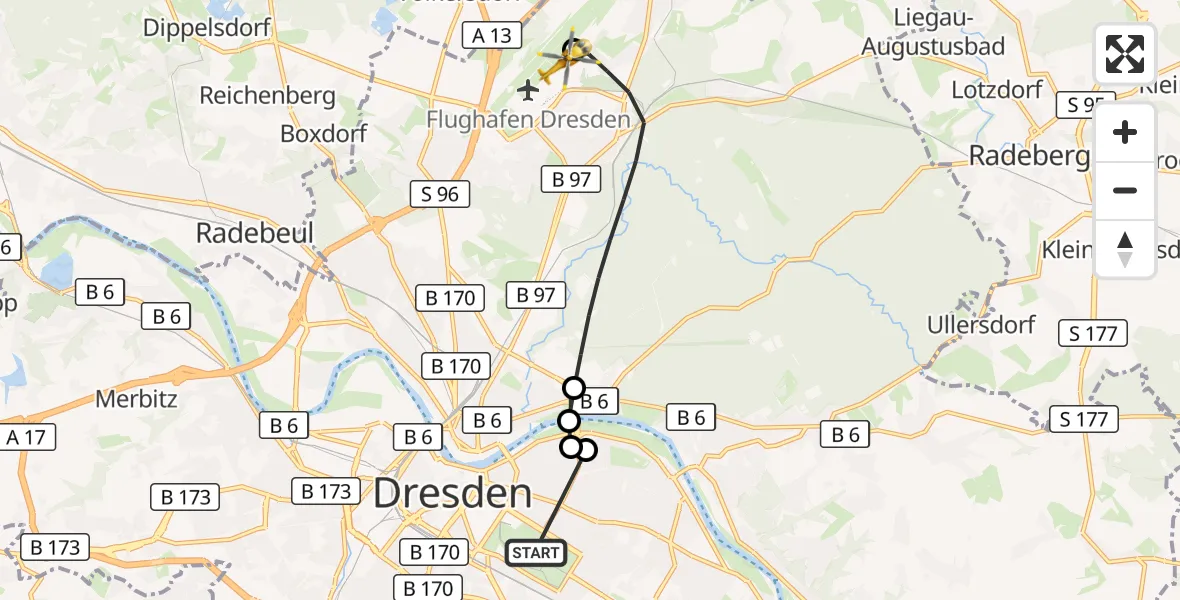 Flugroute Rettungshubschrauber Dresden - Dresden Bundespolizei Hubschrauberlandeplatz, 14 September 2026, 10:21