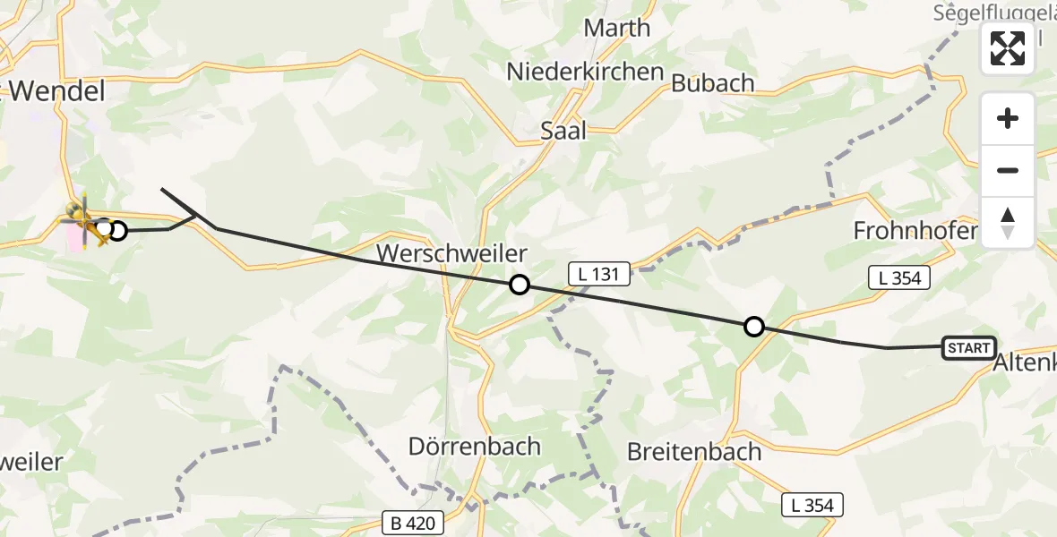 Flugroute Rettungshubschrauber Altenkirchen - Marienhaus Hospital Sankt Wendel-Ottweiler, 14 September 2026, 10:27