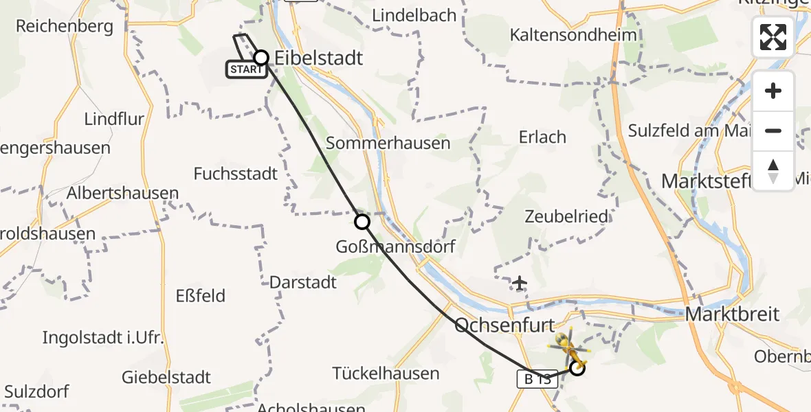 Flugroute Rettungshubschrauber Würzburg - Ochsenfurt Hospital, 14 September 2026, 10:30