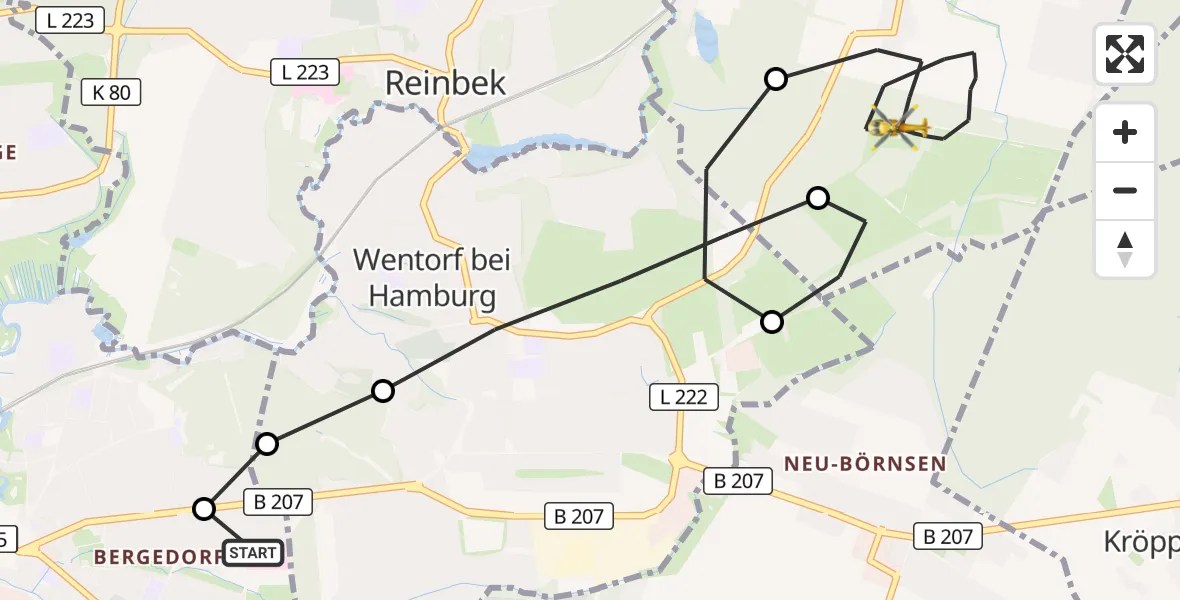 Flugroute Rettungshubschrauber Bethesda Hospital - Wohltorf, 14 September 2026, 10:33