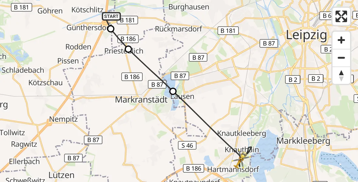 Flugroute Rettungshubschrauber ADAC Air Rescue Station Leipzig/Schkeuditz-Dölzig Hubschrauberlandeplatz (Christoph 61) - Leipzig, 14 September 2026, 10:35