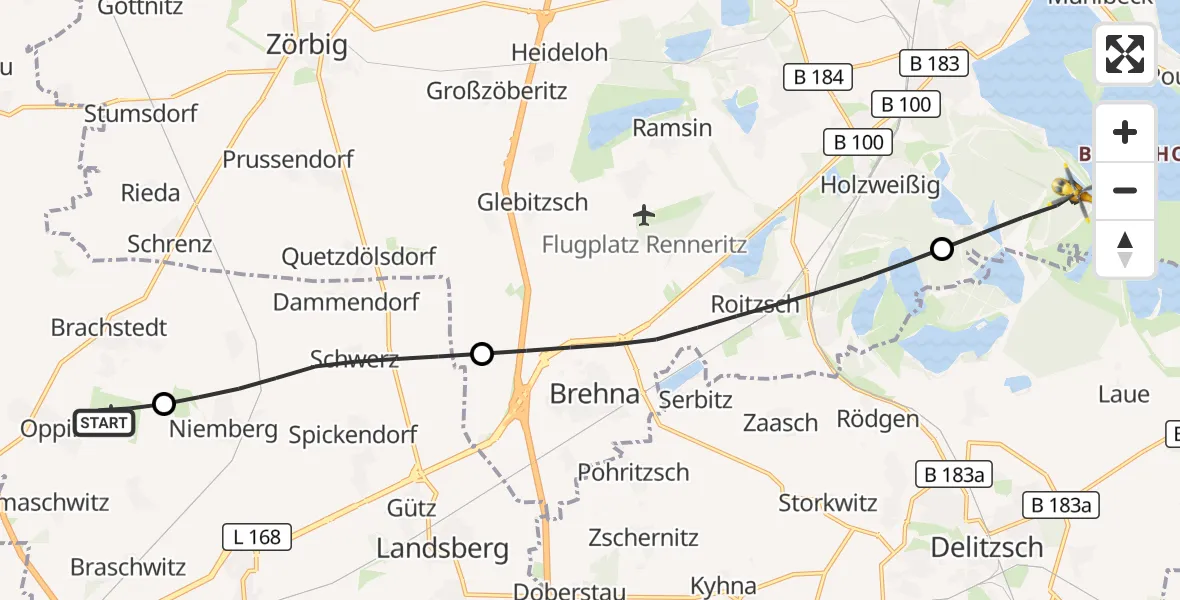Flugroute Rettungshubschrauber Halle-Oppin Flugplatz - Bitterfeld-Wolfen, 14 September 2026, 10:35