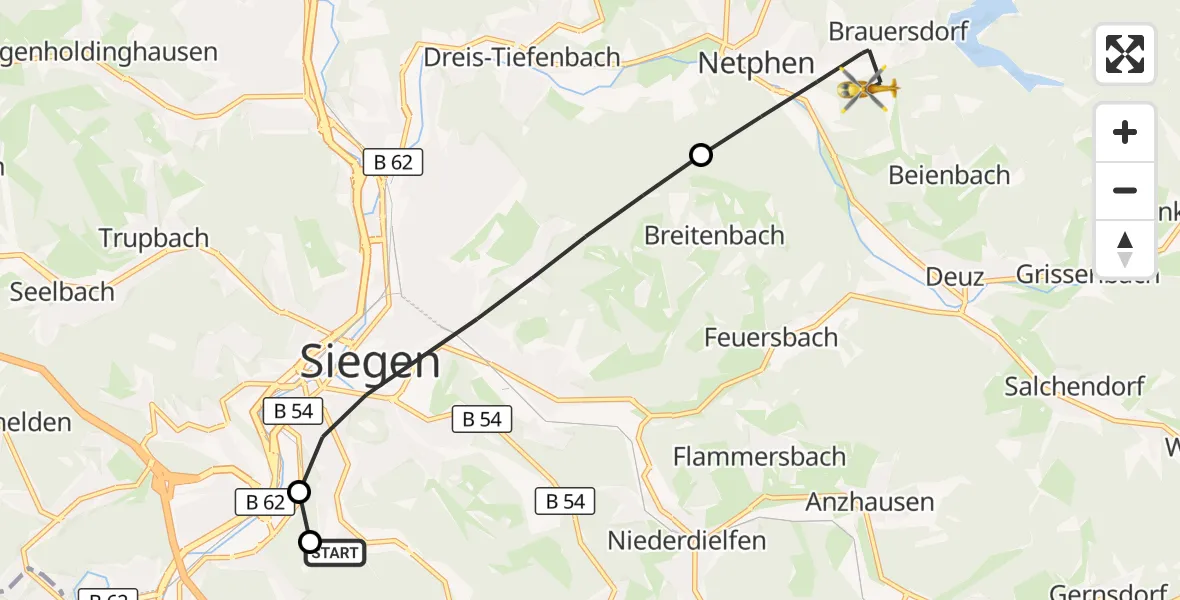 Flugroute Rettungshubschrauber Evangelisches Jung-Stilling Hospital - Netphen, 14 September 2026, 10:39